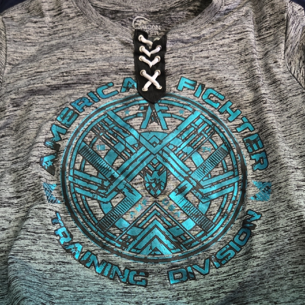 American Fighter  Heather Gray and Teal Tee